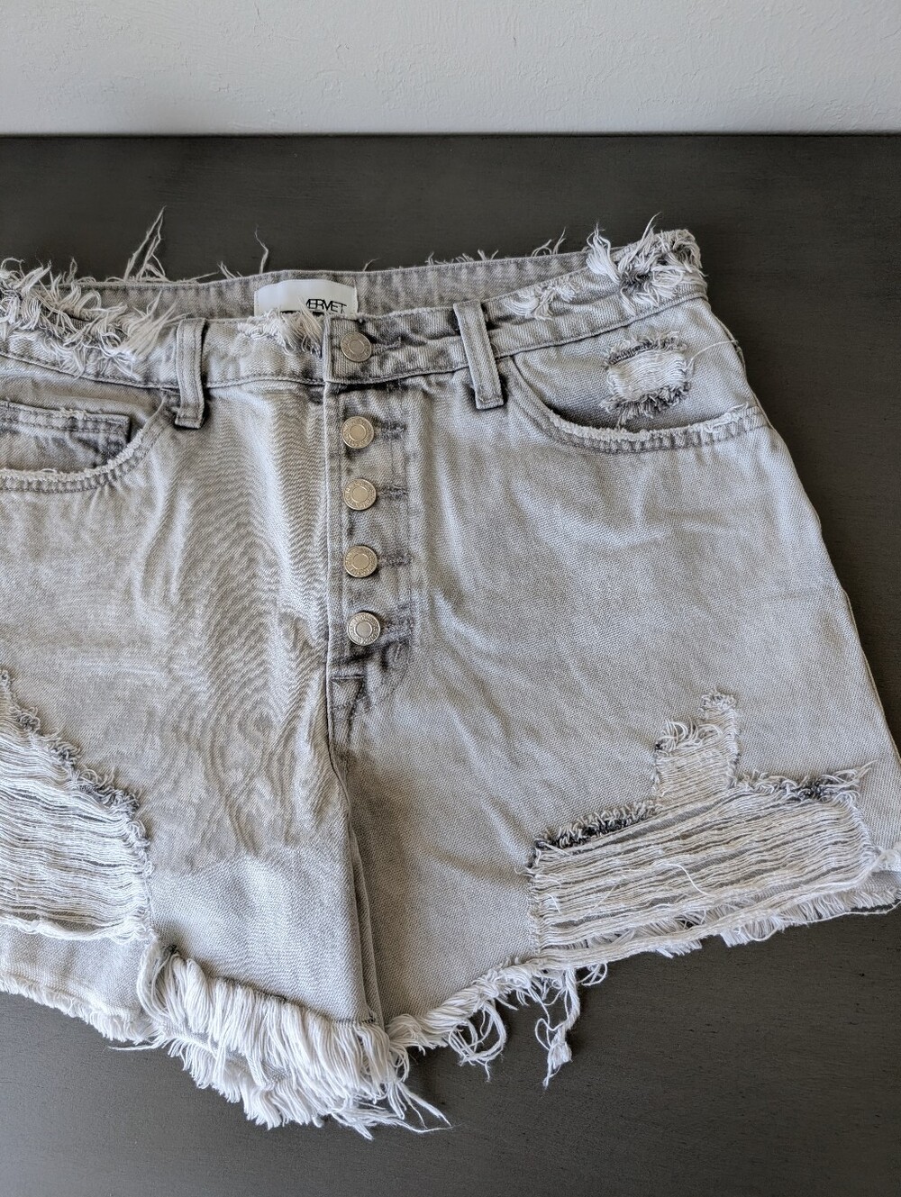 VERVET Distressed Gray Denim Shorts Size L Button Fly High Waisted 100% Cotton